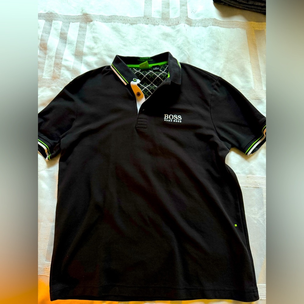 Hugo Boss Polo Black with lime green/white stripes Medium